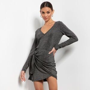 NWT Jamilyn Metallic Silver V Neck Wrap Skirt Long Sleeve Mini Dress, Size S